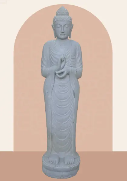 Artikelbild 1 des Artikels “Stehender Buddha aus Flussstein in Dharmachakra-Position - Geste des Rades der Dharma-Lehre. Etwa 182cm Höhe. “